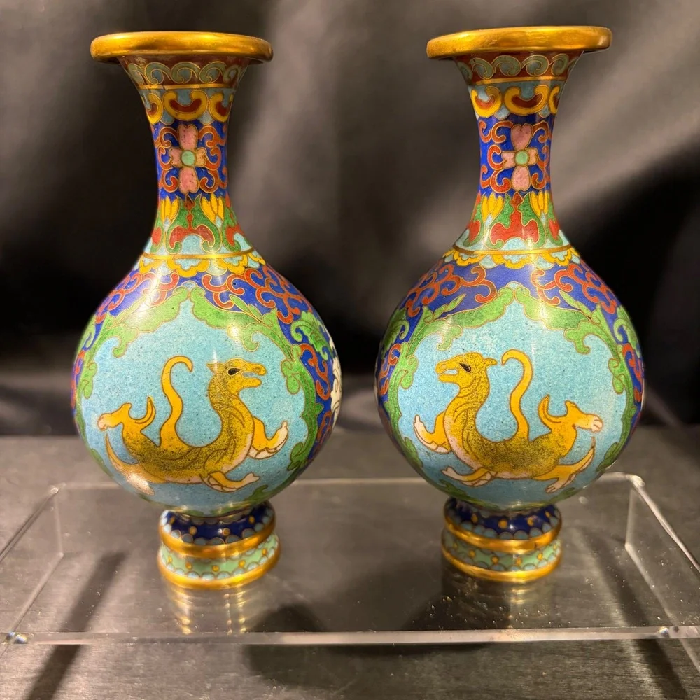 Vintage Chinese Cloisonne Enamel Phoenix Miniature Bud Vases Pair Turquoise 4in